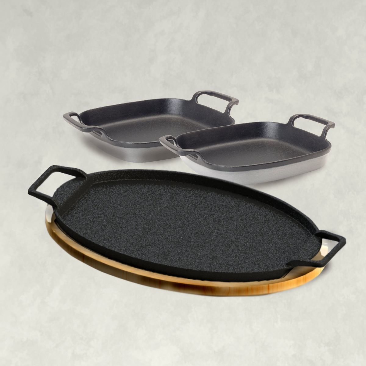 Cast Iron Fiesta Fajita Pan Set, weathered gray